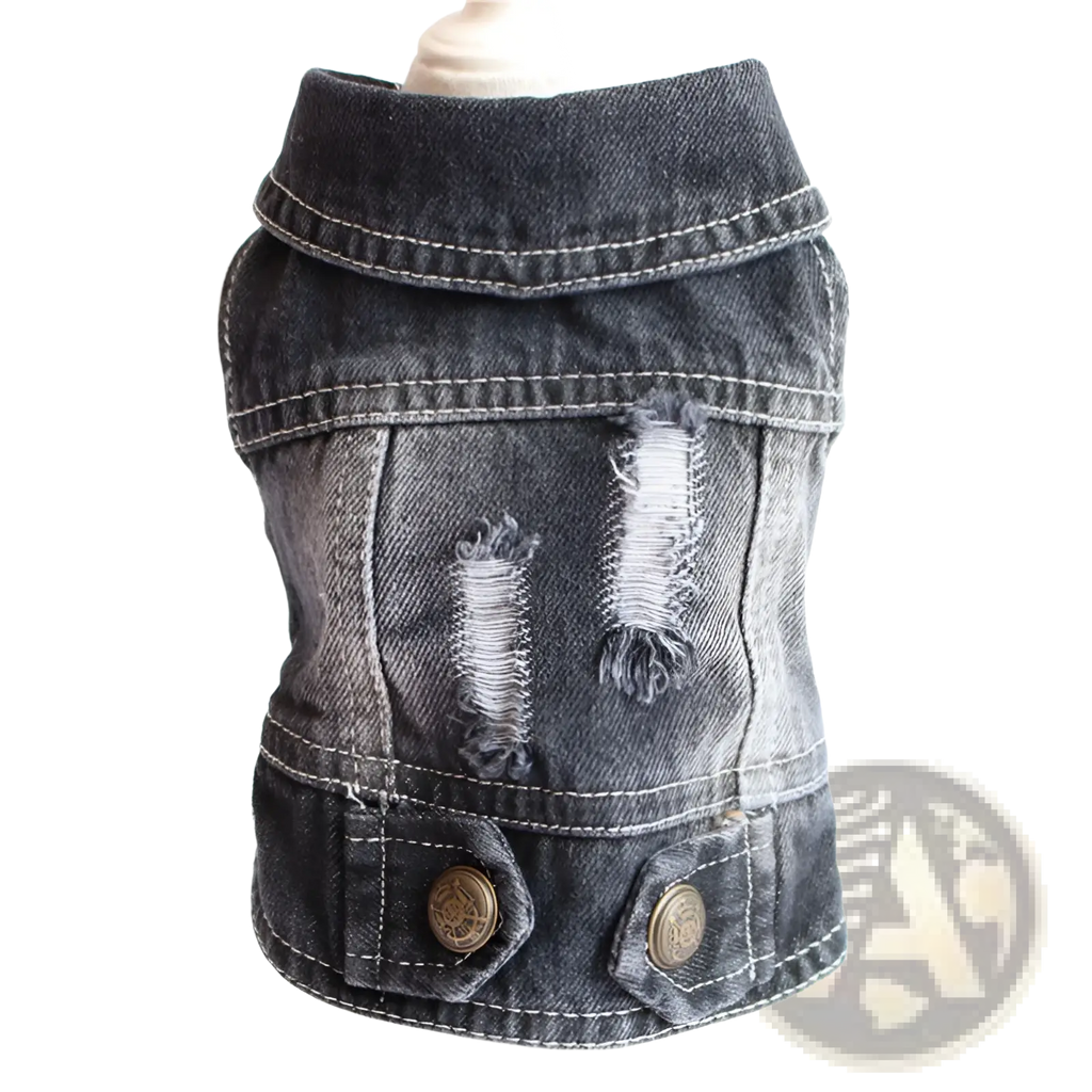 Dark gray distressed denim dog vest with frayed patches and white stitching featuring strawberry embroidery