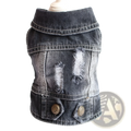 Dark gray distressed denim dog vest with frayed patches and white stitching featuring strawberry embroidery