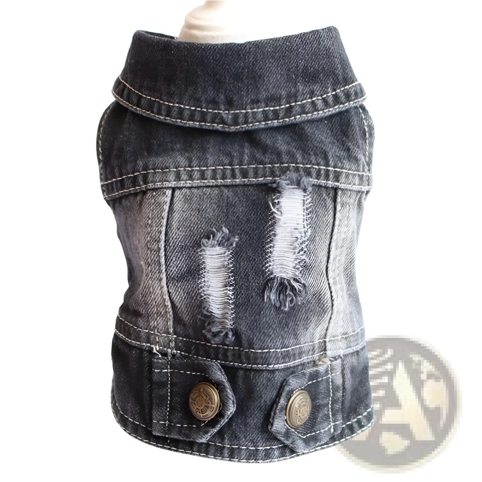 Dark gray distressed denim dog vest with frayed patches and white stitching featuring strawberry embroidery