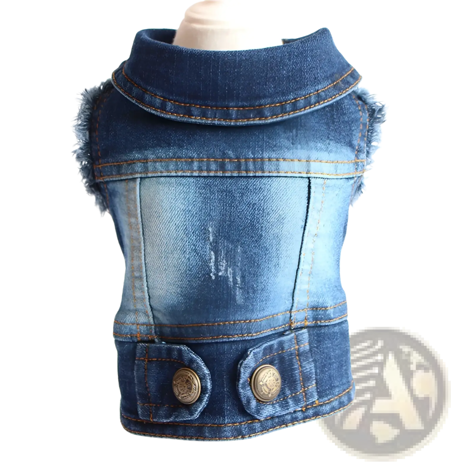 Blue denim dog vest with frayed edges and metallic buttons for puppies featuring strawberry embroidery