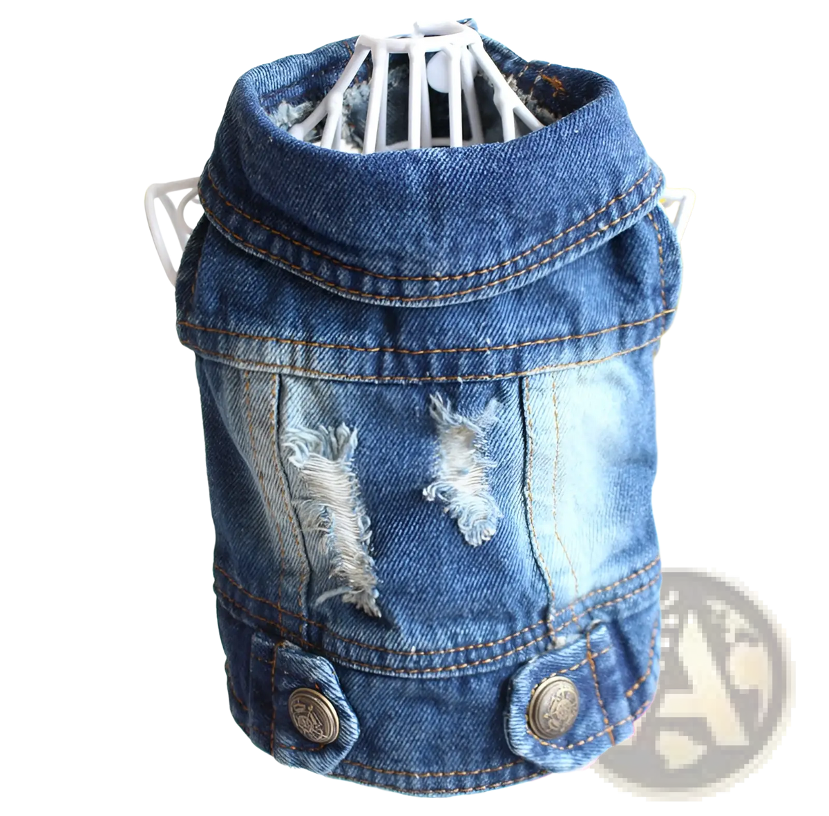 Blue denim dog jacket with distressed patches brass buttons and strawberry embroidery for puppies