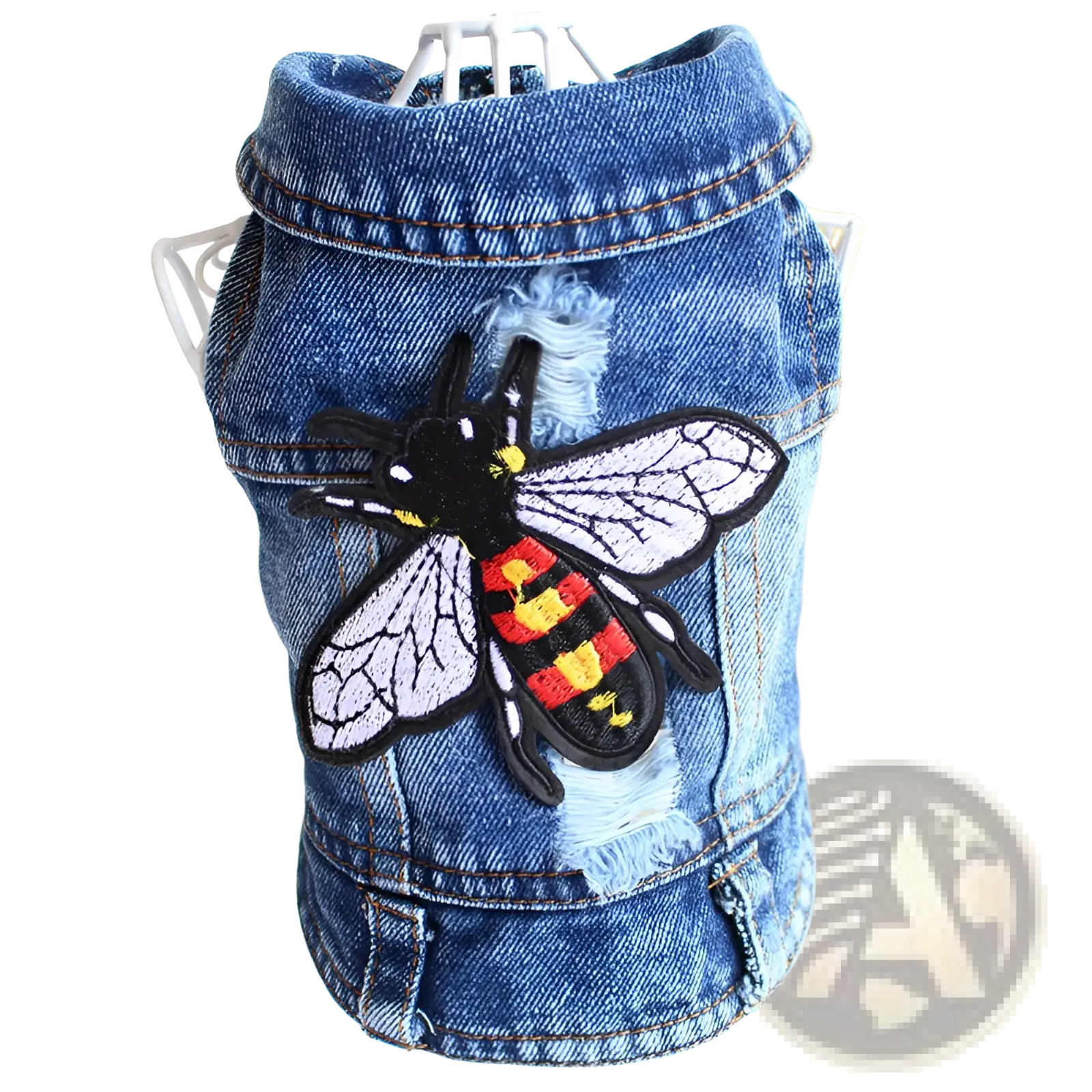 Blue denim dog vest with large embroidered bee patch in black red yellow and white for small pets