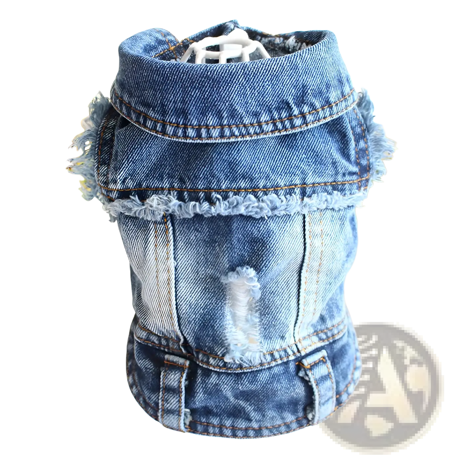 Blue denim dog vest with frayed edges and distressed ripped design featuring strawberry embroidery on the back side