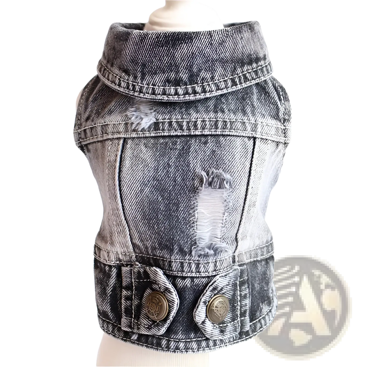 A distressed black and gray denim dog vest with high collar frayed edges and metallic button front pockets titled denim dog jacket strawberry embroidery puppy vest
