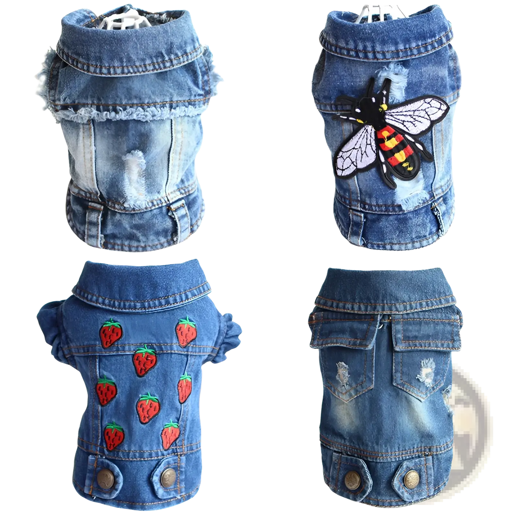 Blue denim dog vest with distressed edges and various embroidered patches for stylish puppy wear