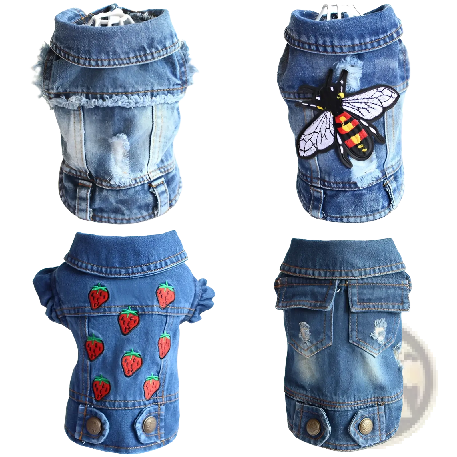Blue denim dog vest with distressed edges and various embroidered patches for stylish puppy wear