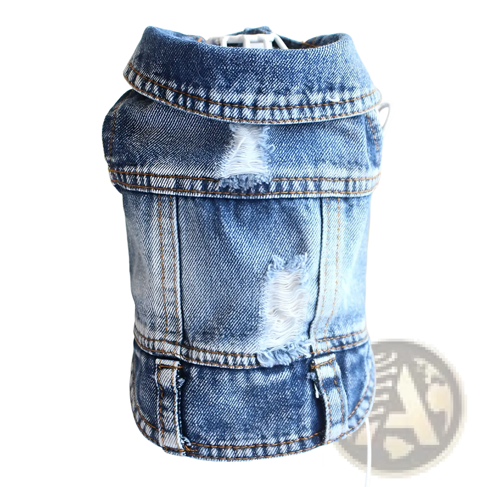 Blue denim dog vest with distressed frayed patches and brown stitching for casual puppy wear