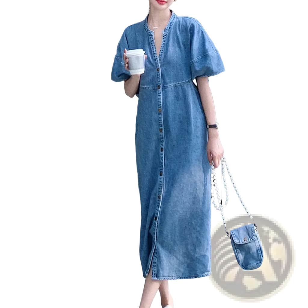 Blue denim midi dress for women with short sleeves and front button closure vintage casual loose plus size