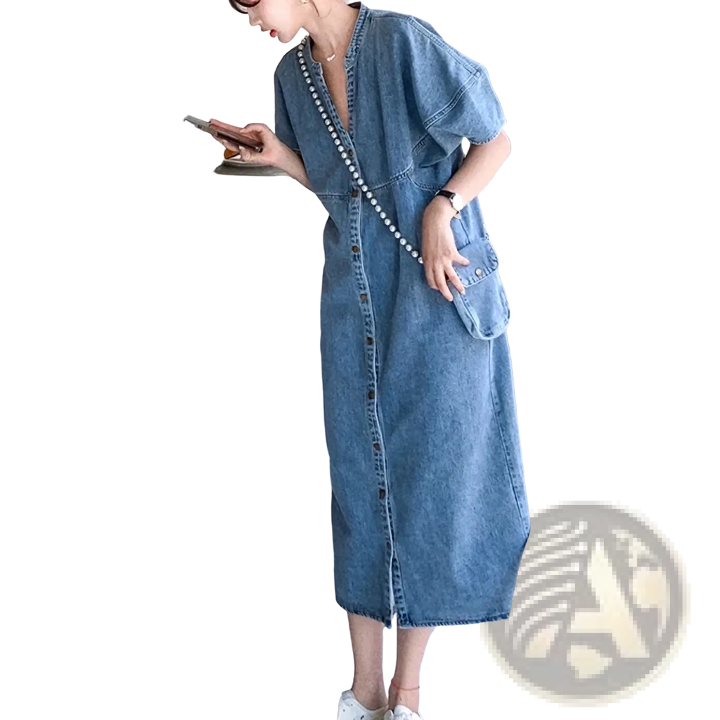 A light blue denim midi dress for women with a button-front design short sleeves and a vintage casual loose fit plus size