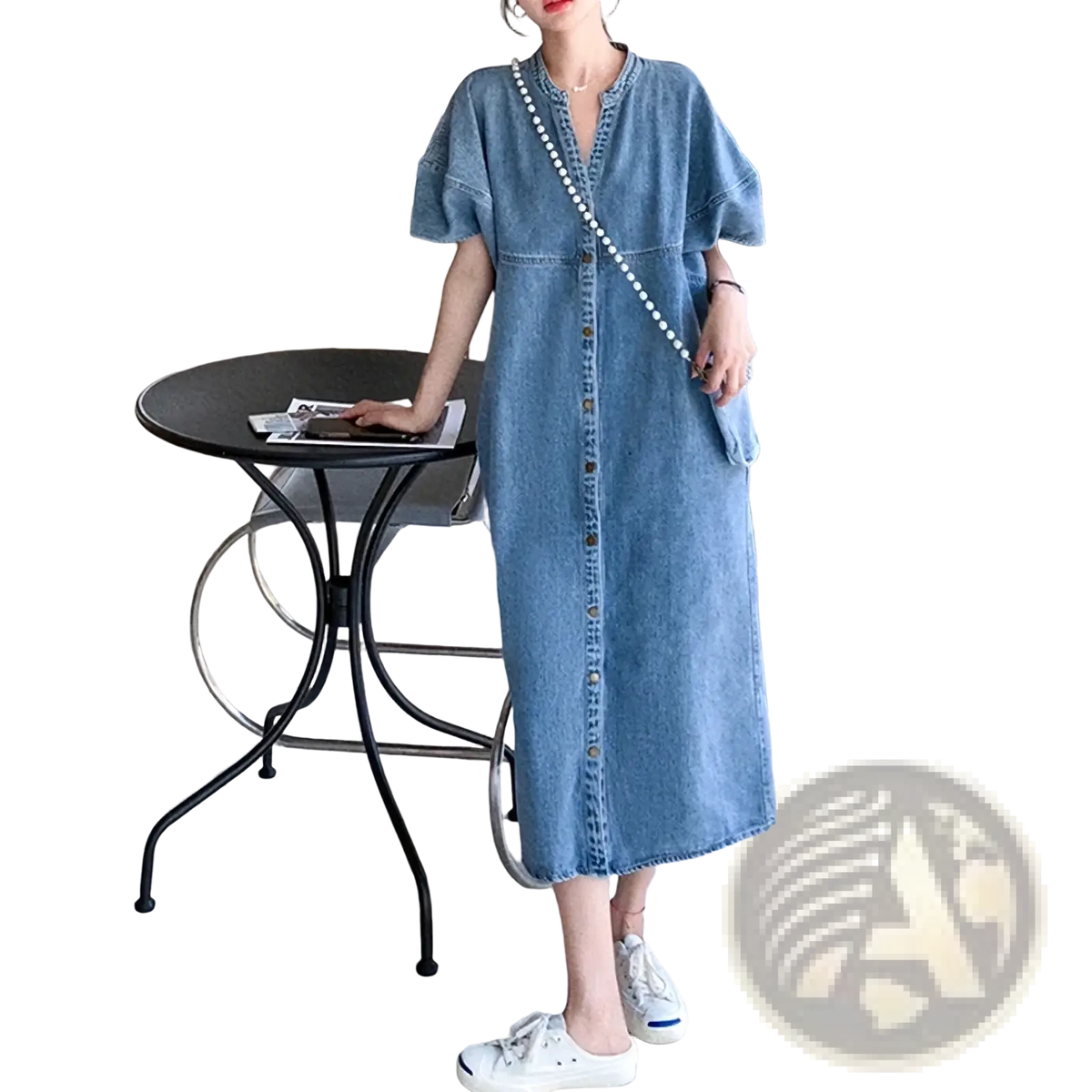 A light blue denim dress for women with short sleeves and button-down front in a vintage casual loose plus size design