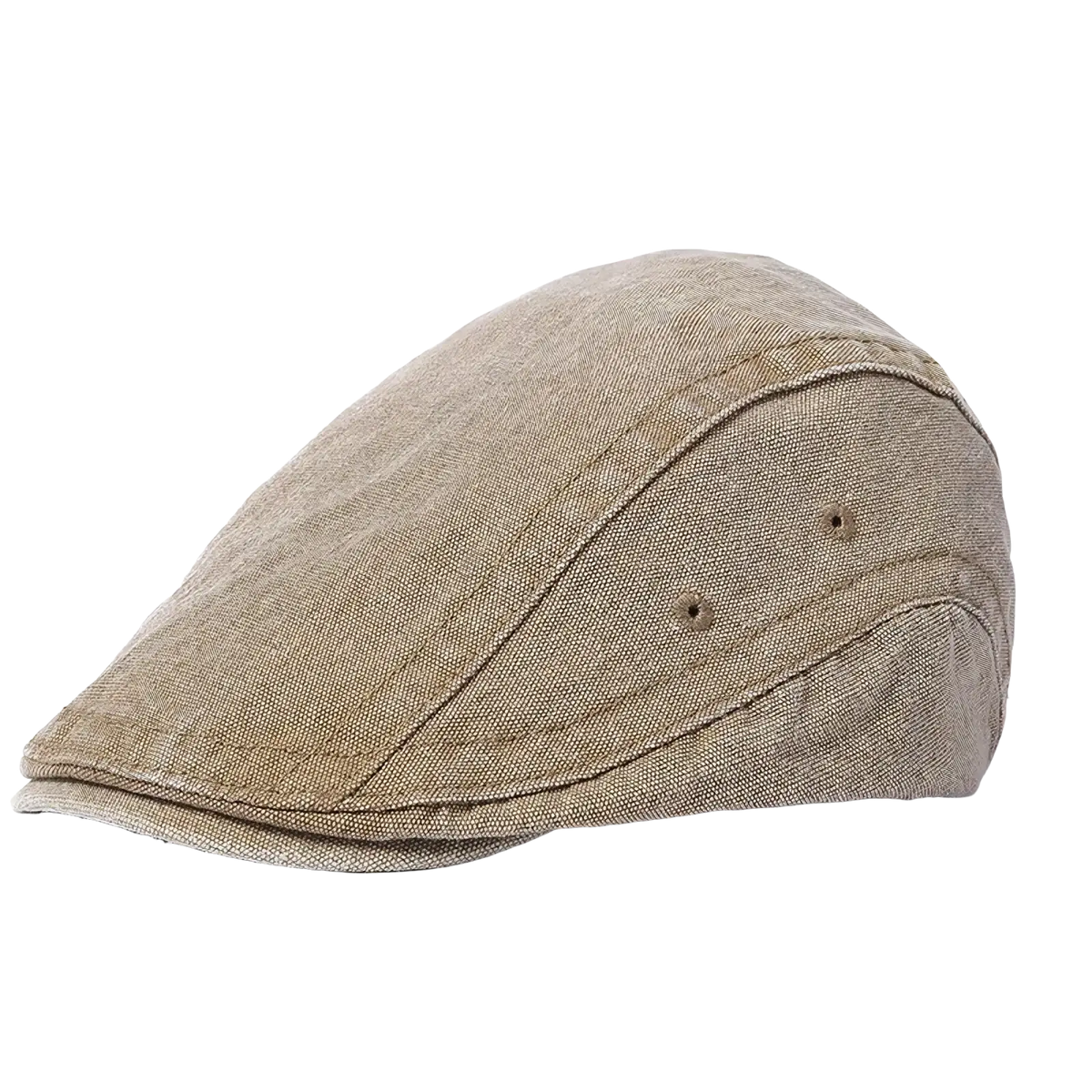 Beige linen flat cap with subtle stitching and button details designed as a vintage adjustable denim flat cap