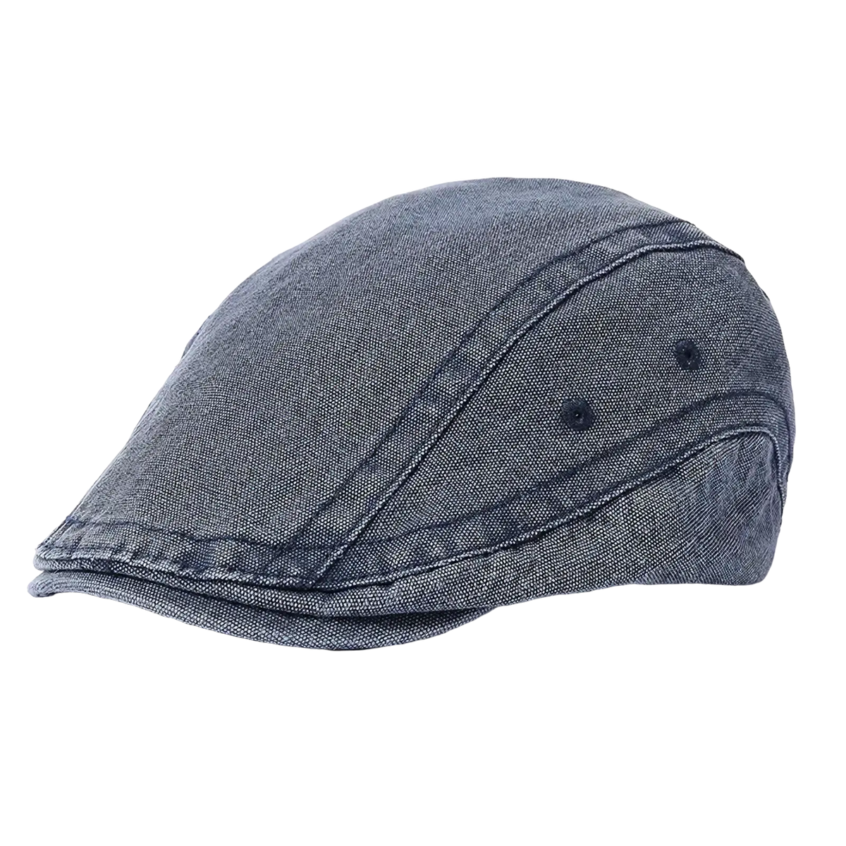 A dark gray denim flat cap with visible stitching and two black buttons vintage beret adjustable hat