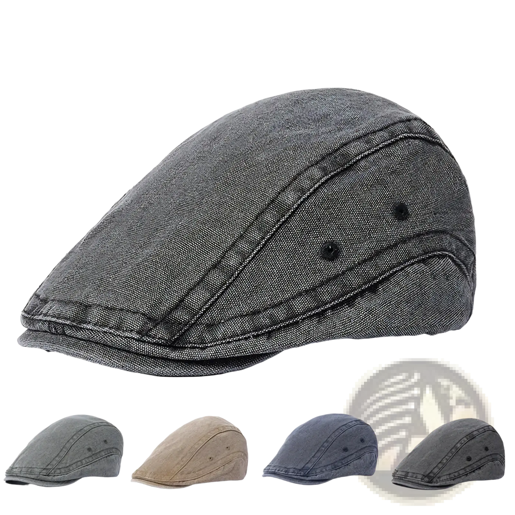 A dark gray denim flat cap with visible stitching and black button details vintage adjustable hat