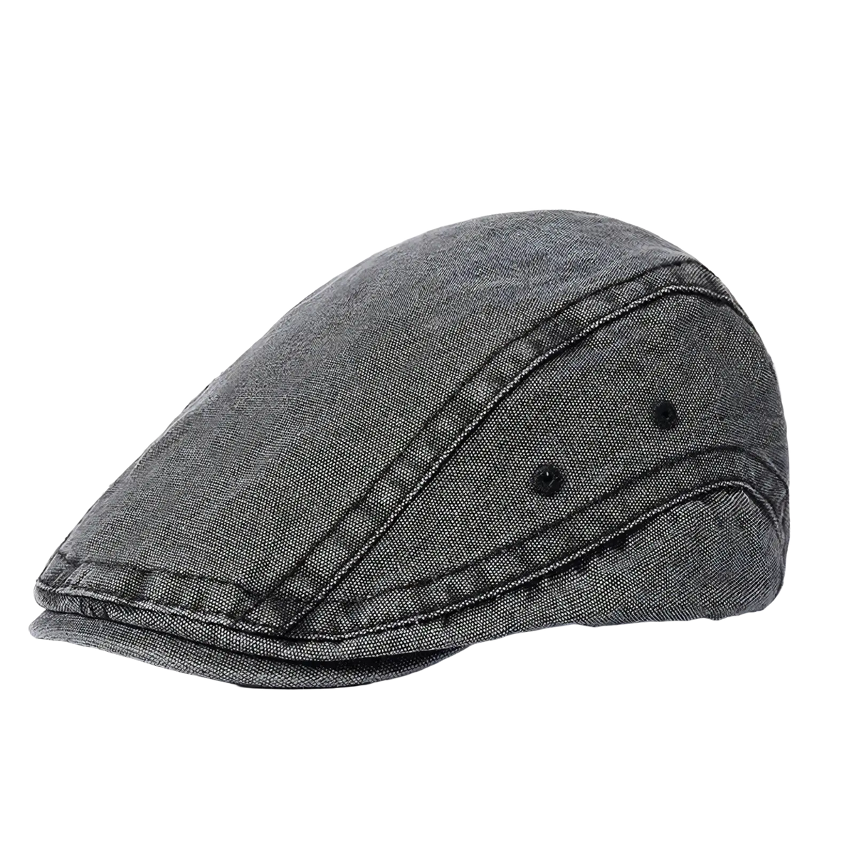 A dark gray denim flat cap with visible stitching and black button details vintage beret adjustable hat
