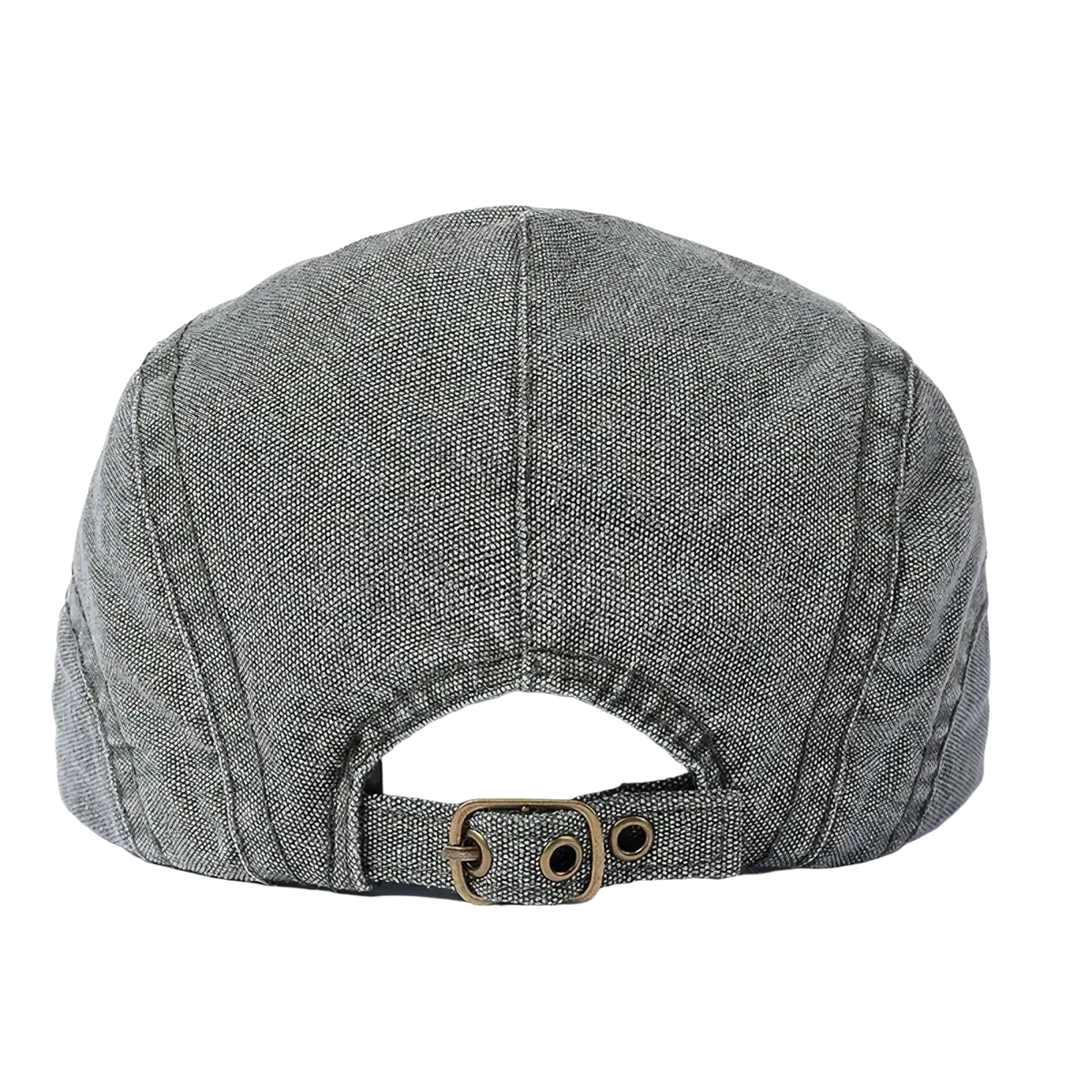 Gray denim flat cap with brass buckle and adjustable strap showing the back side of this vintage beret hat