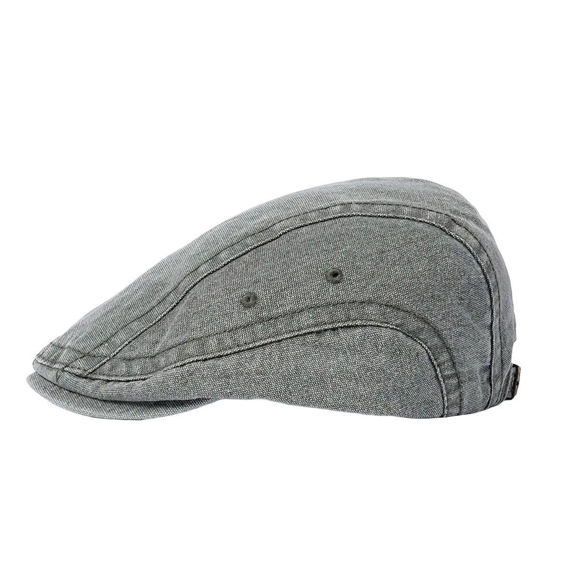Gray denim flat cap vintage beret with structured slightly worn texture and visible stitching details