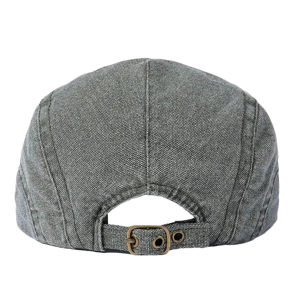 Gray denim flat cap with metal buckle and adjustable strap showing the back side of the denim flat cap