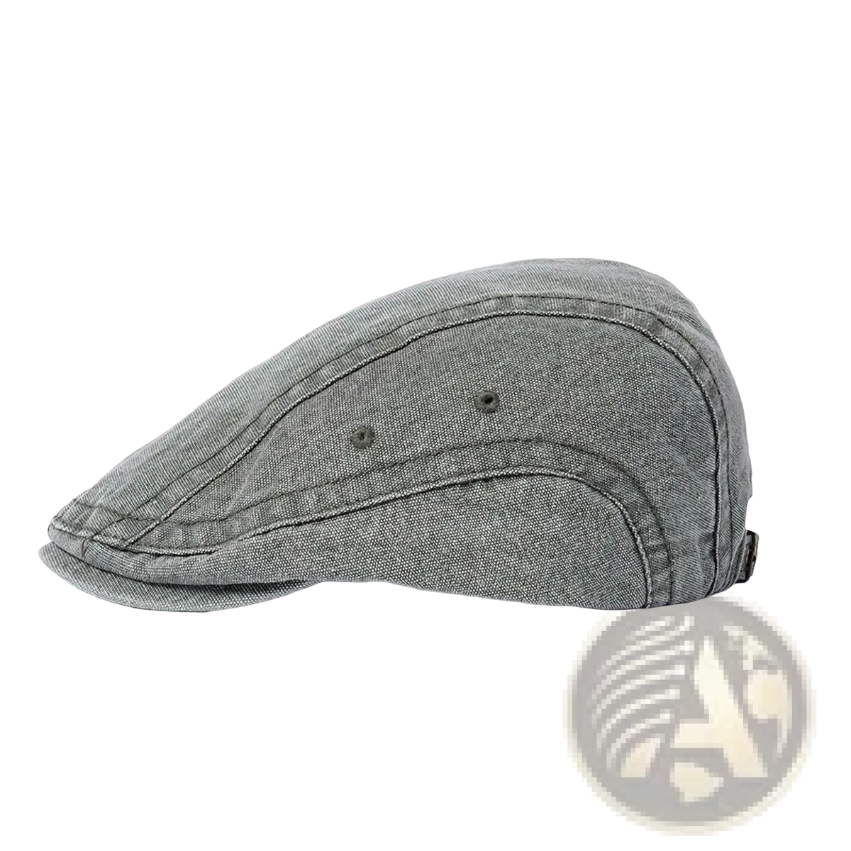 Gray denim flat cap vintage beret with structured slightly worn texture and visible stitching details