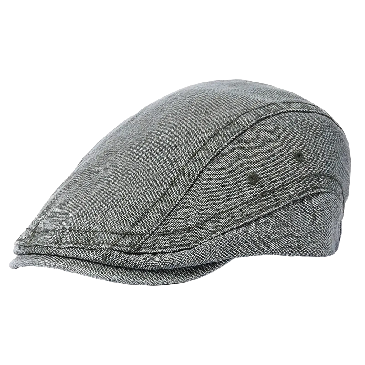 Gray textured denim flat cap with stitched panels and button details adjustable vintage beret hat