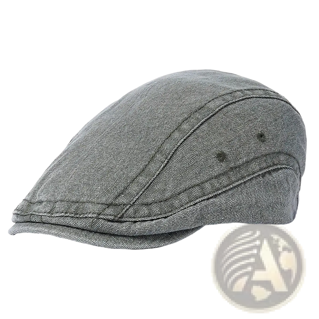 Gray textured denim flat cap with stitched panels and button details adjustable vintage beret hat