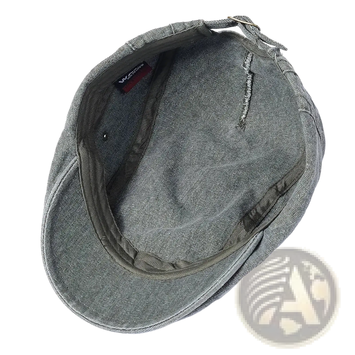 Olive green denim flat cap with stitched interior and adjustable strap vintage beret style hat shown from the back side