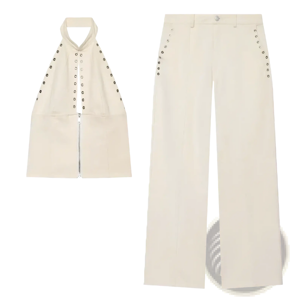 Cream-colored denim halter crop top with silver buttons and zipper paired with matching wide-leg pants set