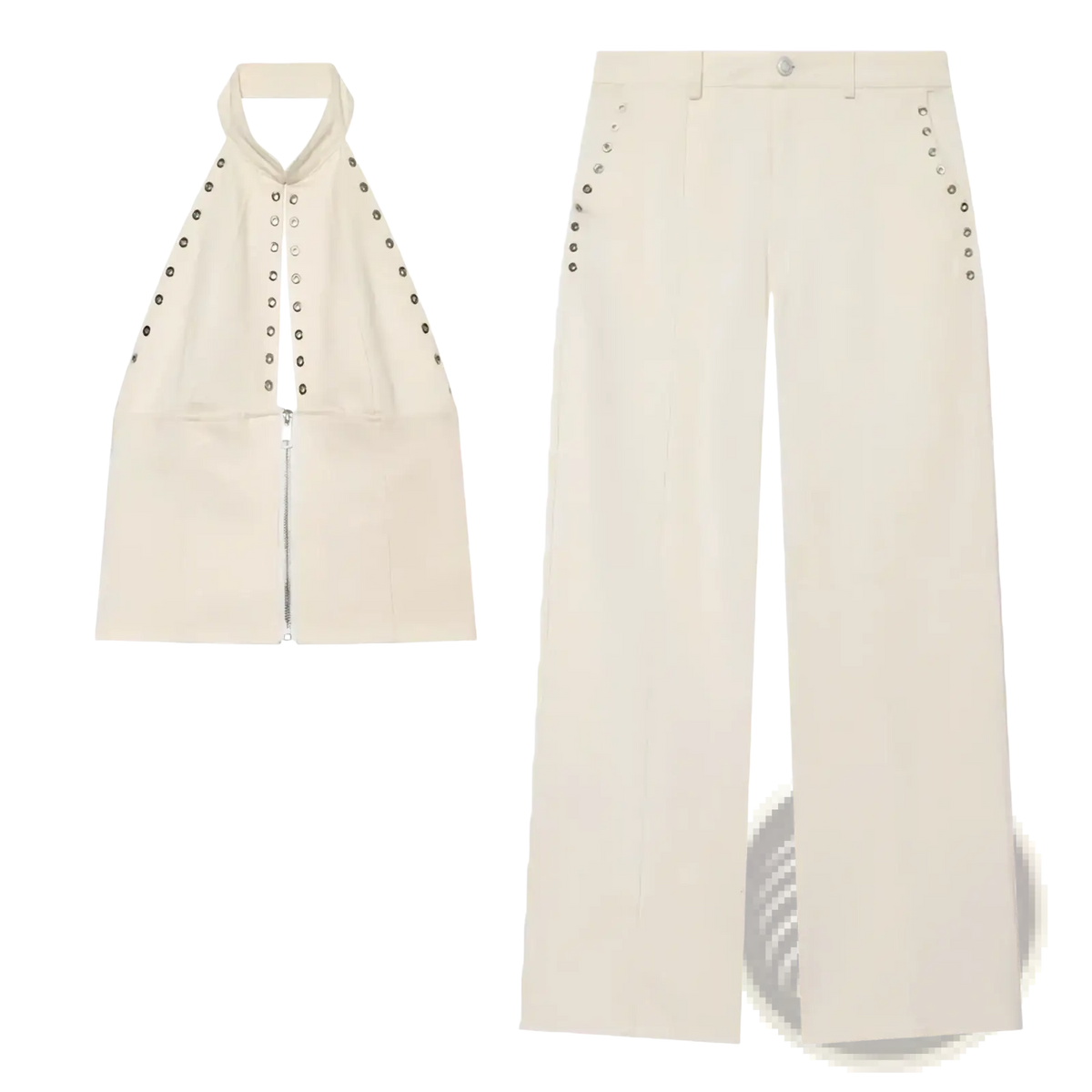 Cream-colored denim halter crop top with silver buttons and zipper paired with matching wide-leg pants set