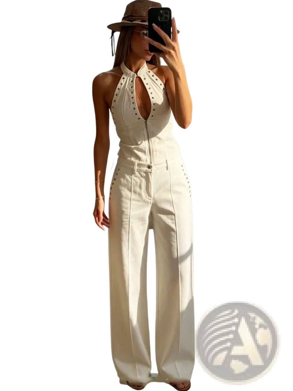 White denim halter crop top and wide leg pant set with studded details and front zipper made from denim fabric