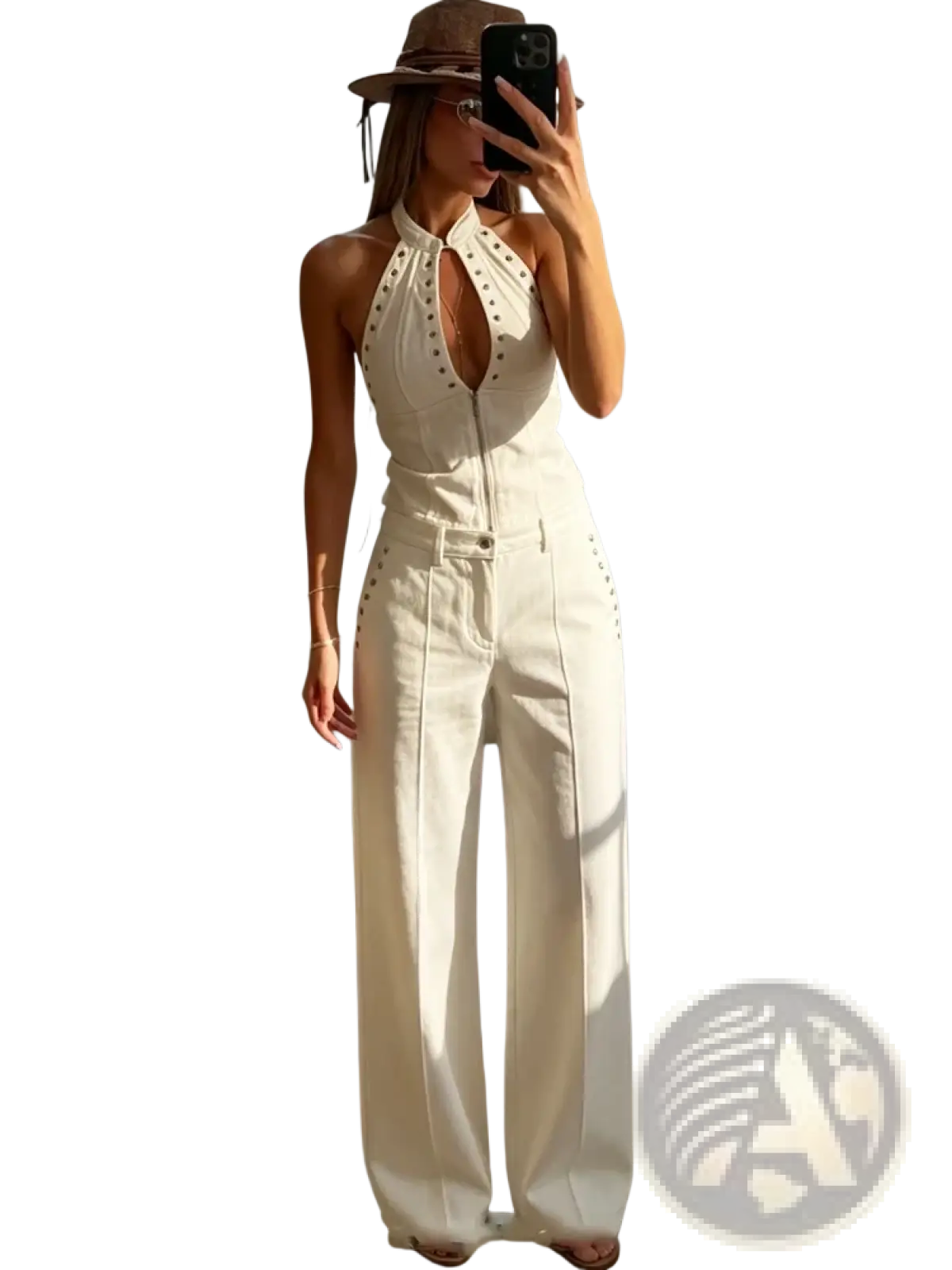 White denim halter crop top and wide leg pant set with studded details and front zipper made from denim fabric