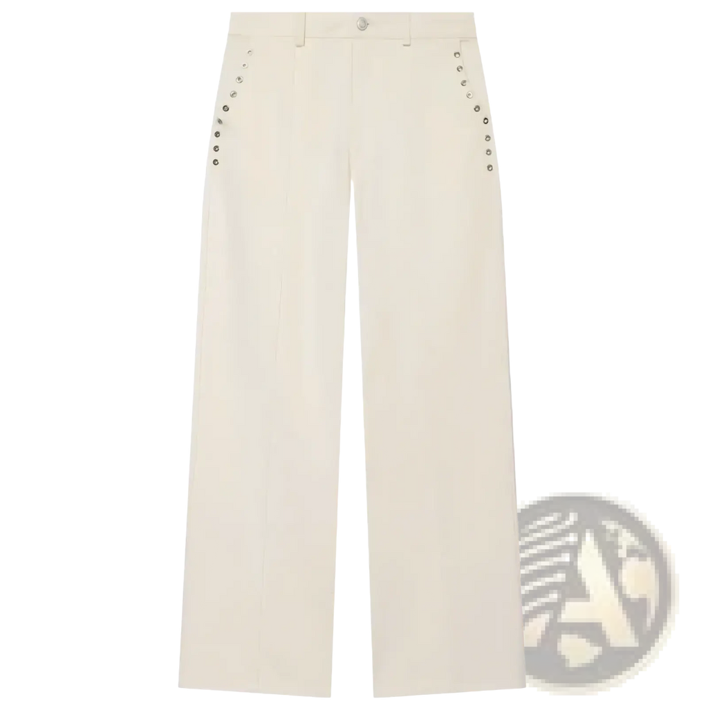 Cream-colored wide-leg trousers with silver-toned button details on outer seams from denim halter crop top set
