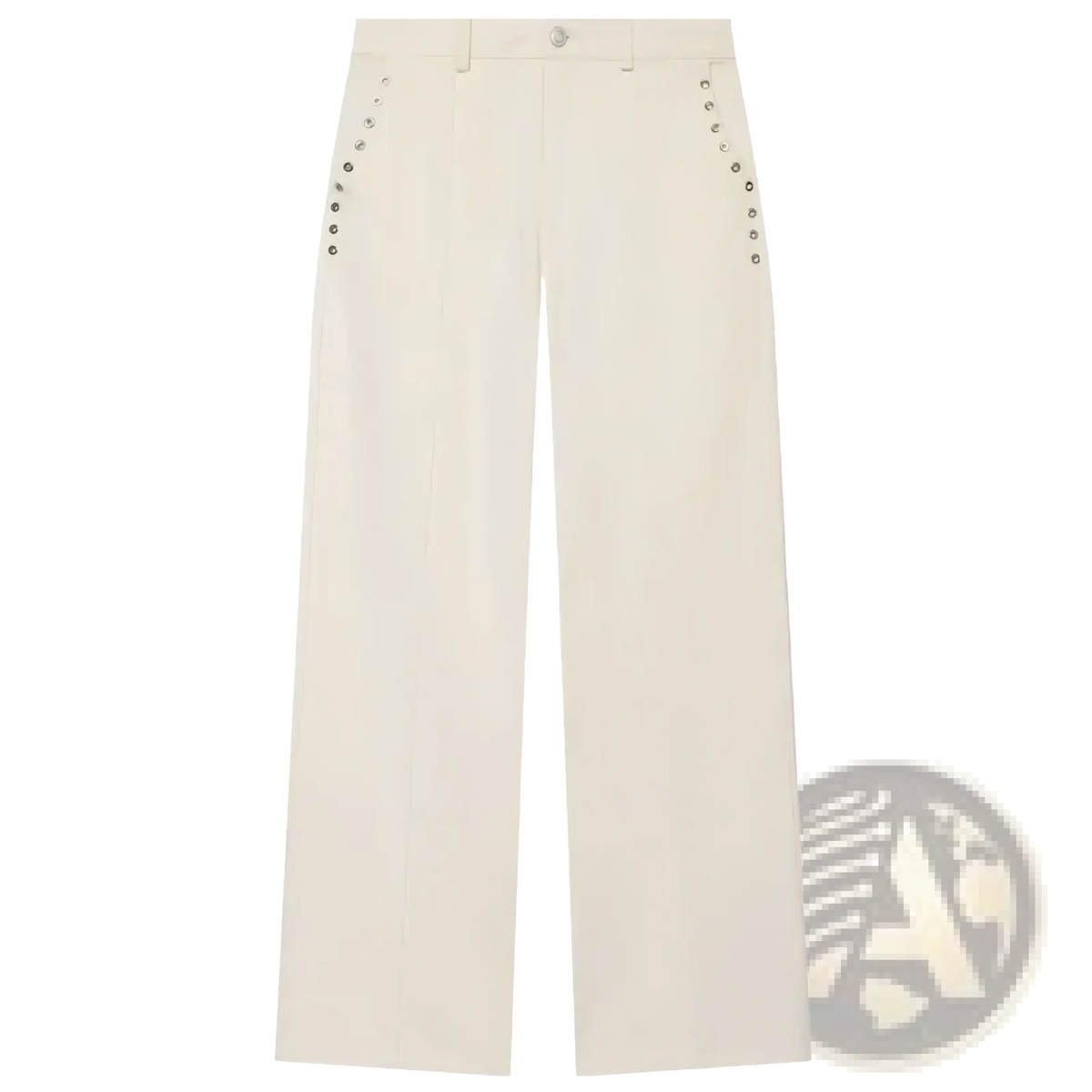 Cream-colored wide-leg trousers with silver-toned button details on outer seams from denim halter crop top set