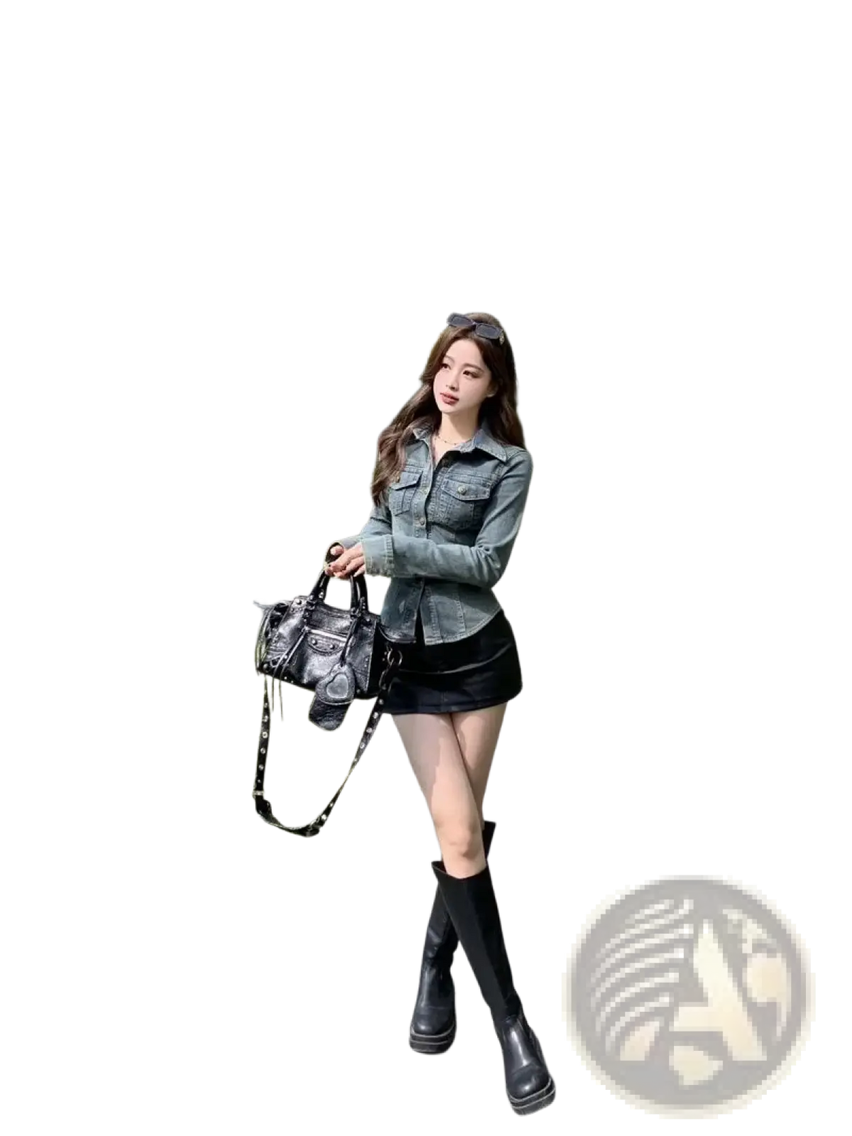 Black leather handbag with studded strap and structured design paired with denim jacket vintage lace up cotton outerwear