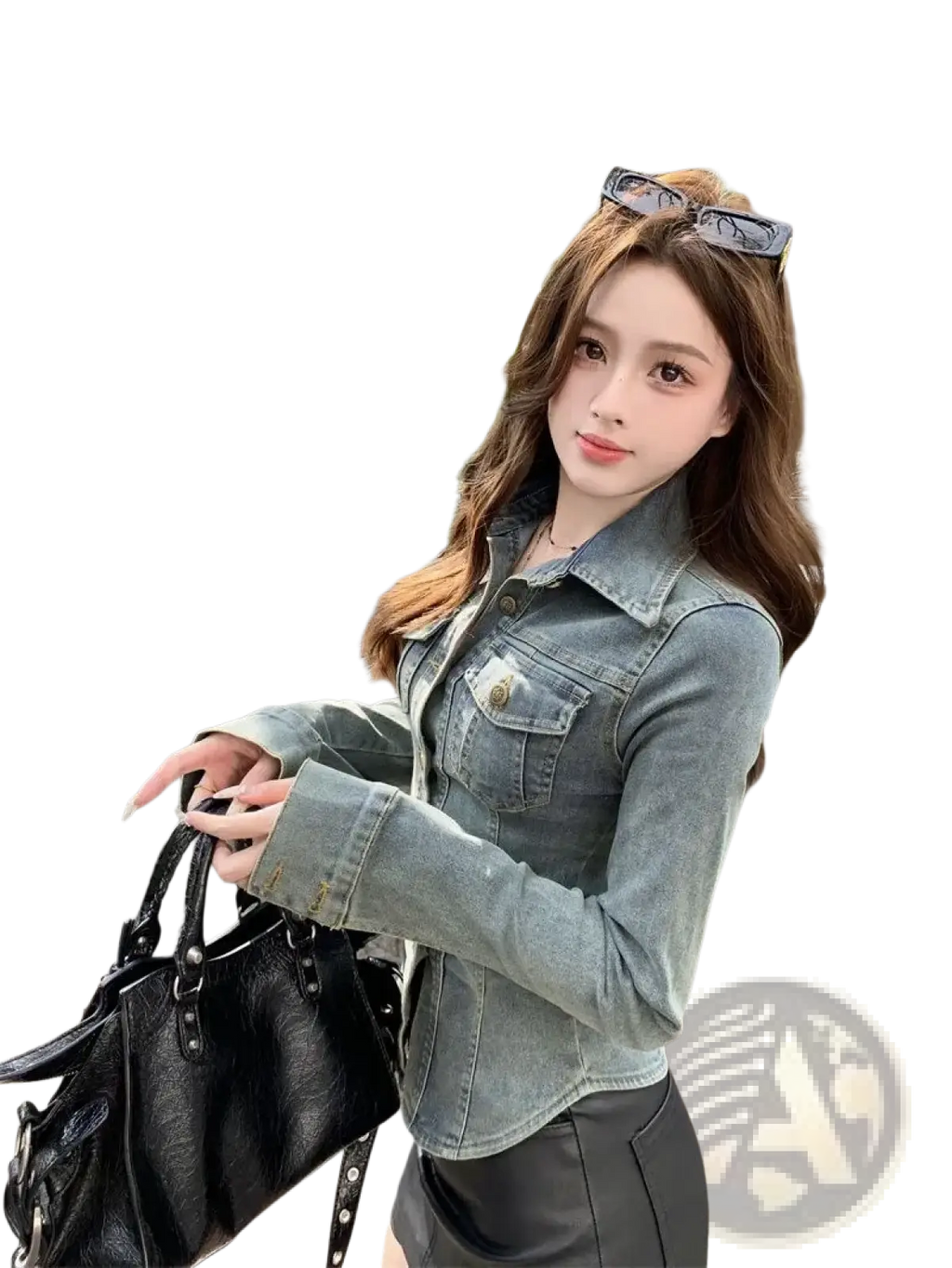 Black textured leather handbag complementing denim jacket vintage lace up cotton outerwear collection