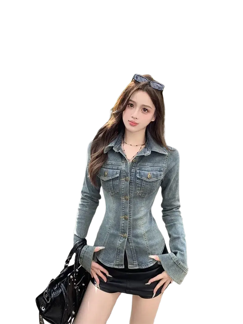 A fitted light-wash denim jacket with a classic collar and button closures in vintage lace up cotton outerwear style