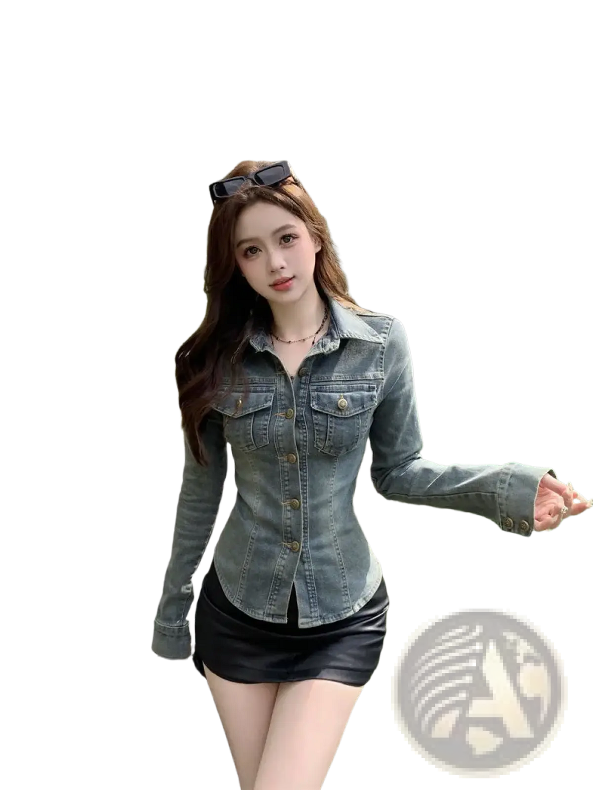 A fitted long-sleeved denim jacket in faded blue cotton with buttoned flap pockets and gold-tone hardware vintage style