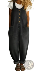 Dark denim jumpsuit retro wide-leg overalls with wooden buttons and rolled-up cuffs in cotton material