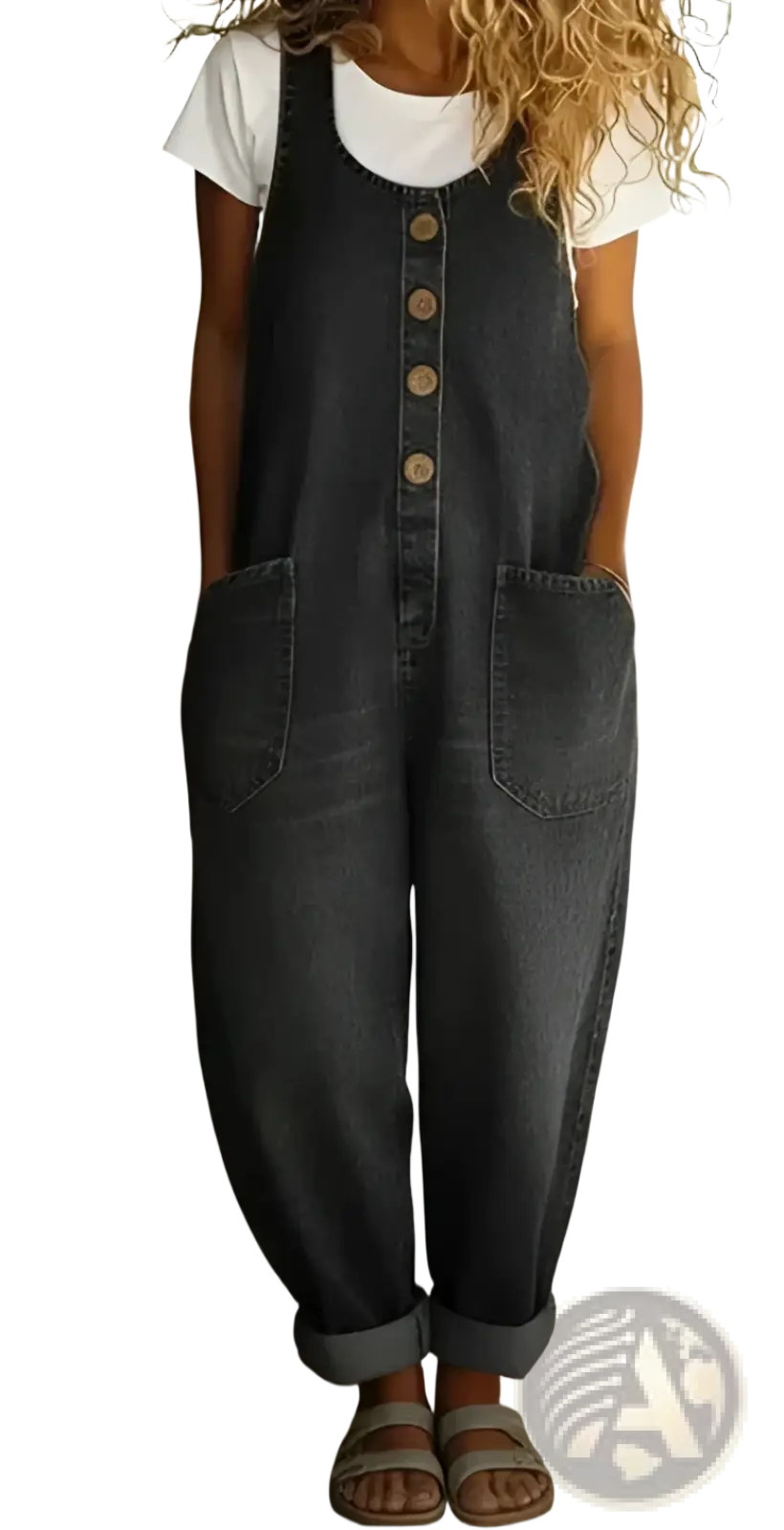 Dark denim jumpsuit retro wide-leg overalls with wooden buttons and rolled-up cuffs in cotton material