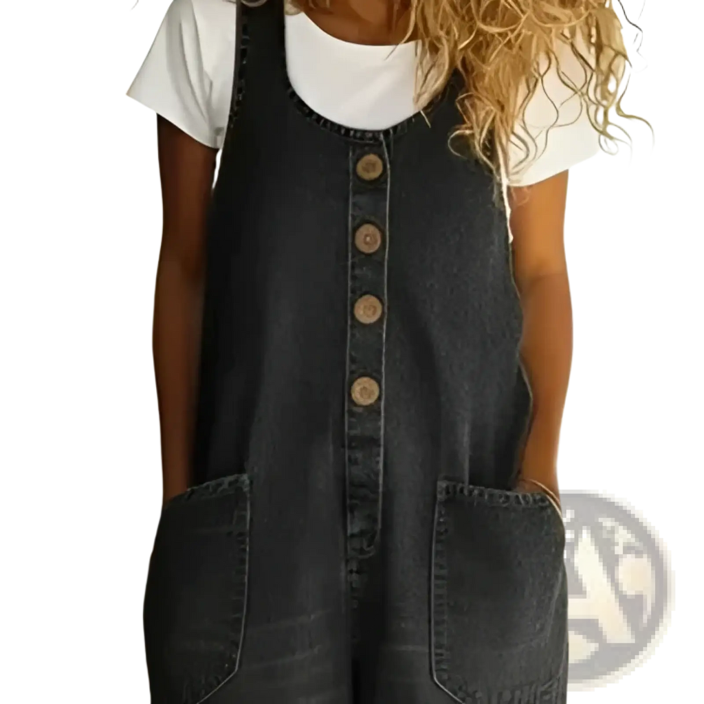Dark-wash denim jumpsuit with retro wide-leg overalls featuring wooden buttons and front pockets