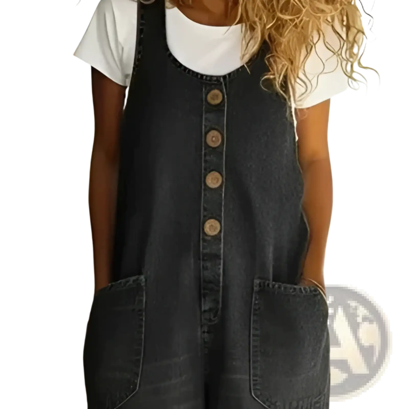 Dark-wash denim jumpsuit with retro wide-leg overalls featuring wooden buttons and front pockets
