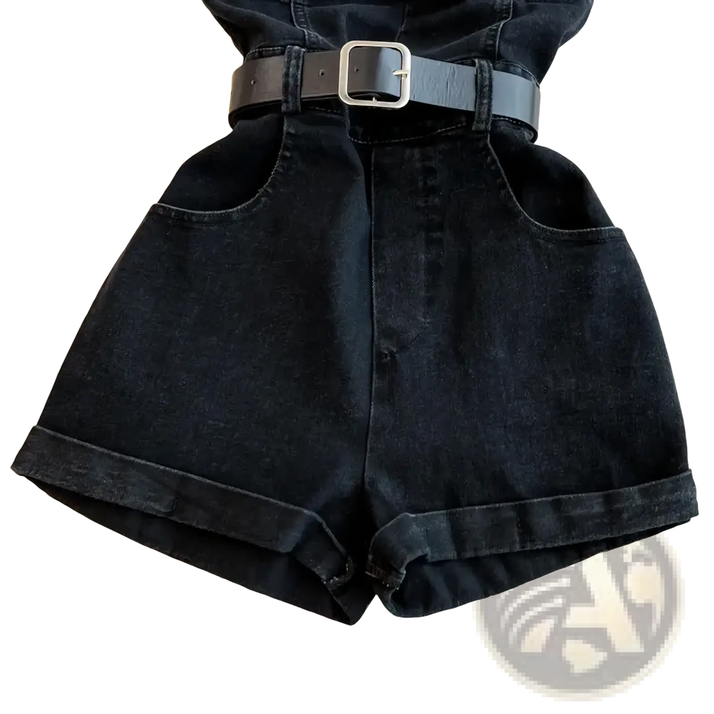 Black high-waisted denim shorts with rolled cuffs and matching belt with silver buckle for summer romper look