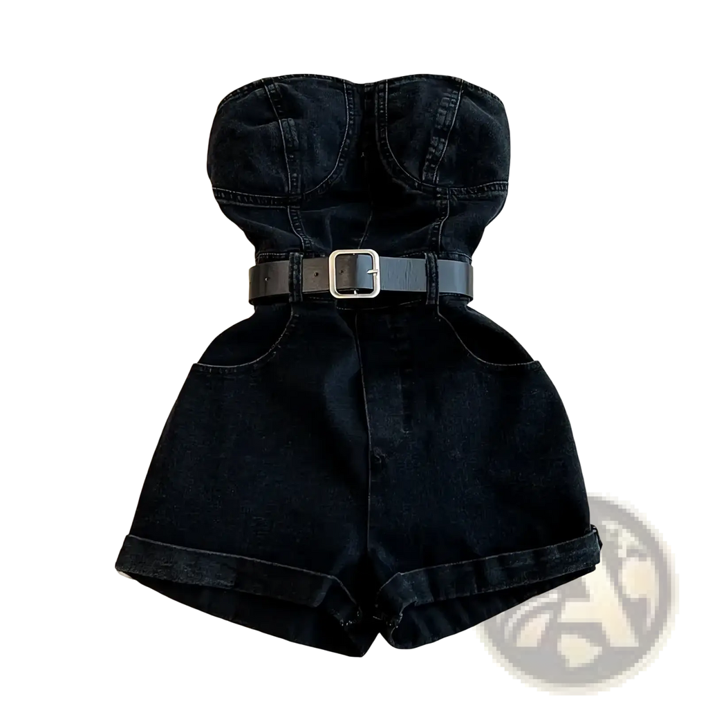 Black denim strapless jumpsuit with fitted bodice rolled cuffs and black belt with silver buckle summer romper