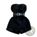 Black denim strapless jumpsuit with fitted bodice rolled cuffs and black belt with silver buckle summer romper