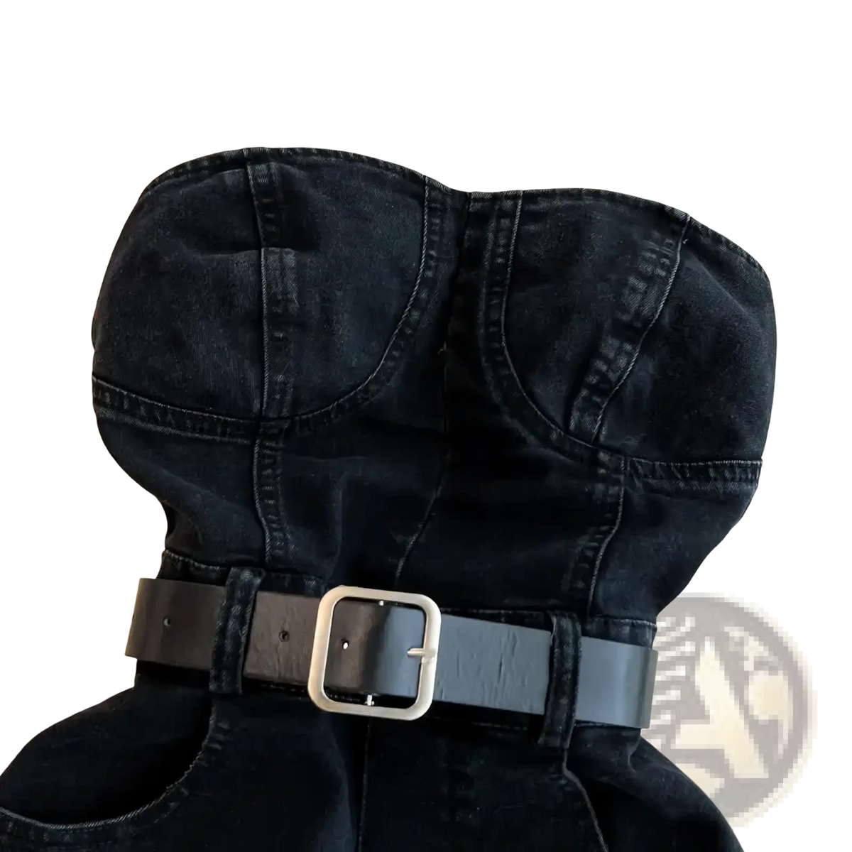 Black denim strapless jumpsuit with silver-toned buckle belt off shoulder ideal for summer romper wear