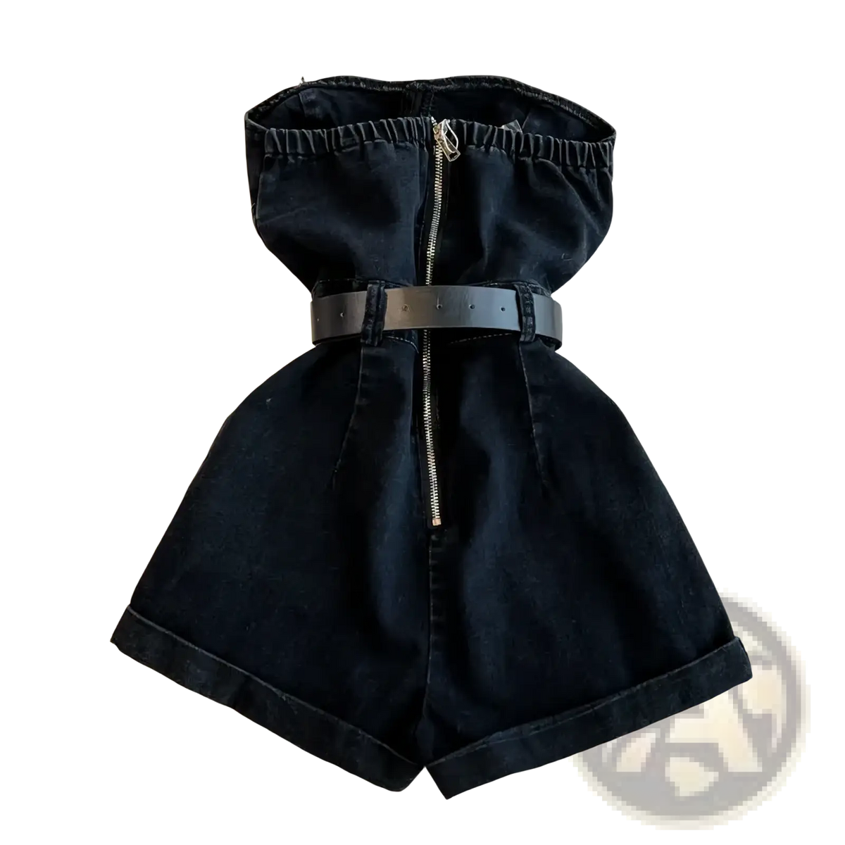Black denim strapless jumpsuit with front zipper and matching belt perfect for summer casual wear
