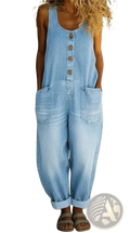 Light blue sleeveless denim jumpsuit overalls with brown buttons and rolled-up cuffs featuring practical pockets
