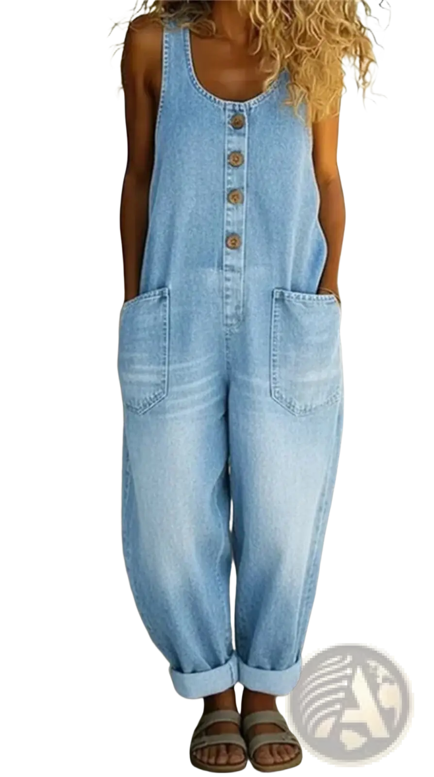 Light blue sleeveless denim jumpsuit overalls with brown buttons and rolled-up cuffs featuring practical pockets