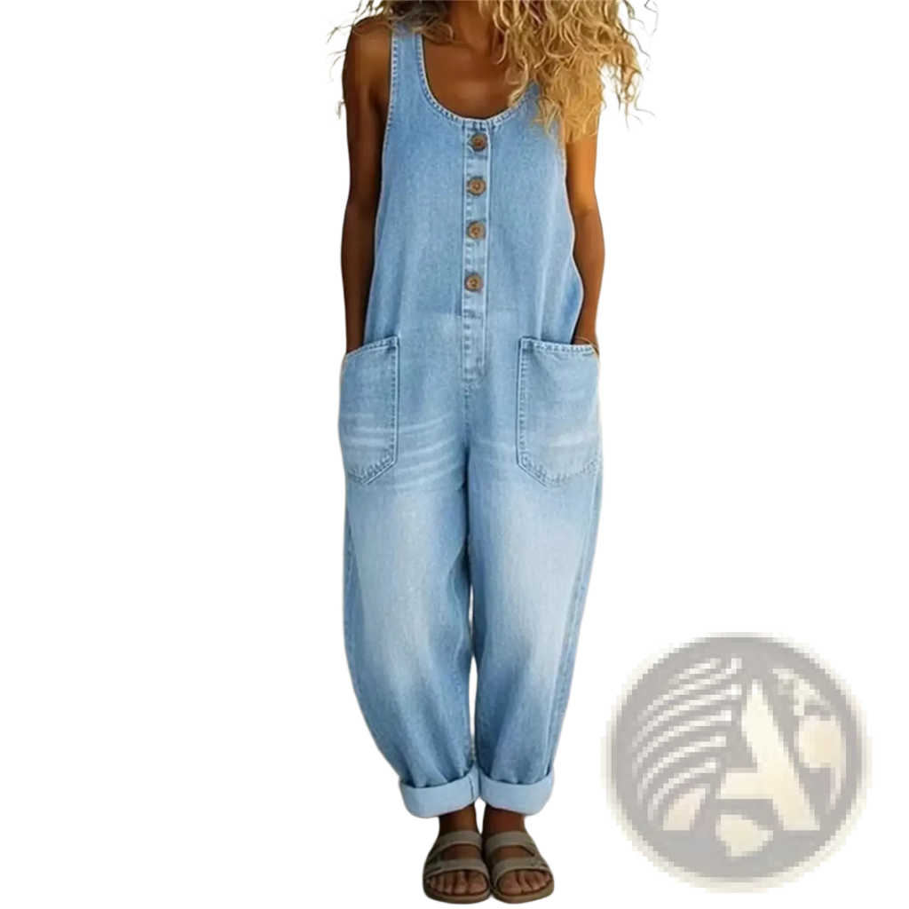 Light blue denim sleeveless pocket overalls with button closure and rolled cuffs for casual wear