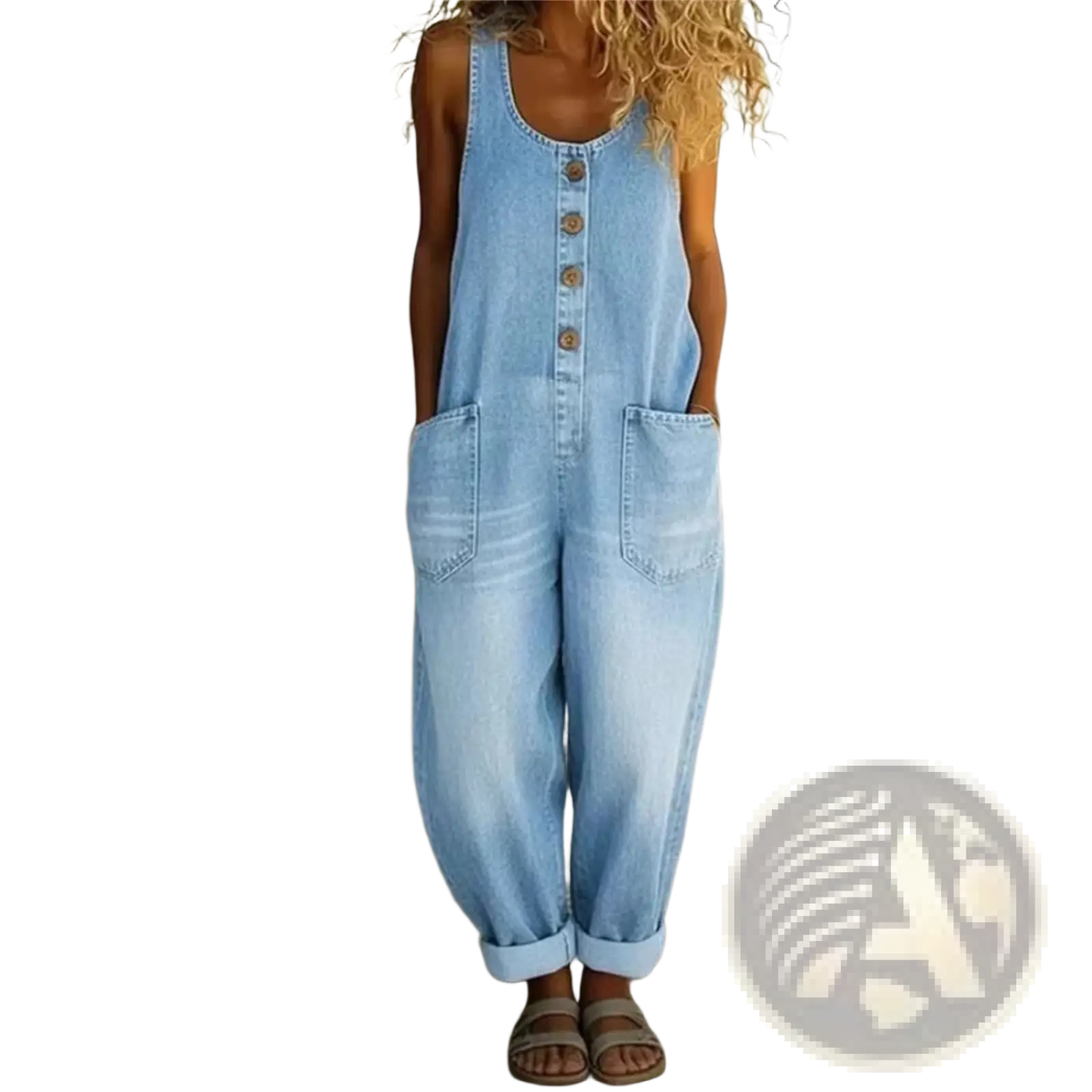 Light blue denim sleeveless pocket overalls with button closure and rolled cuffs for casual wear