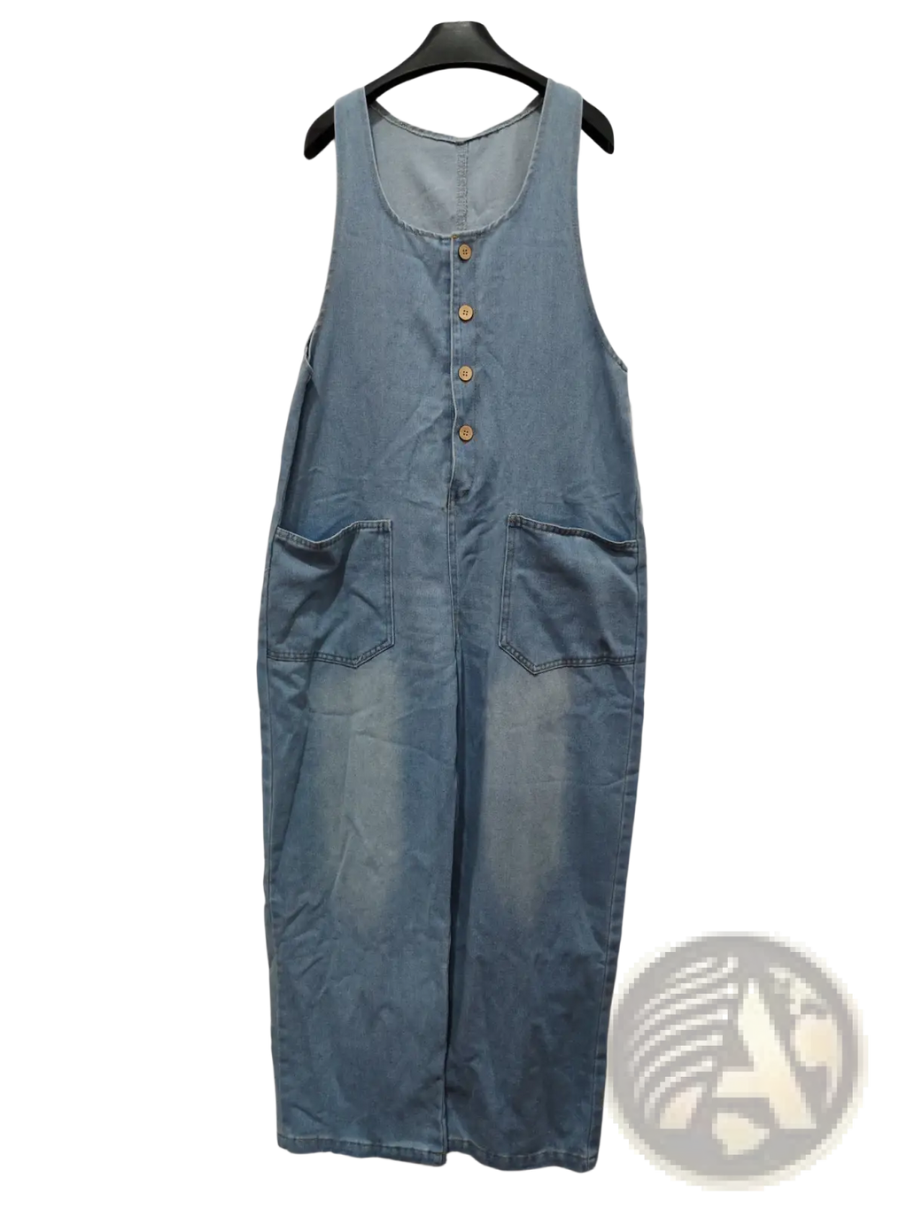 Light blue denim jumpsuit sleeveless overalls dress with front button closure and two side pockets
