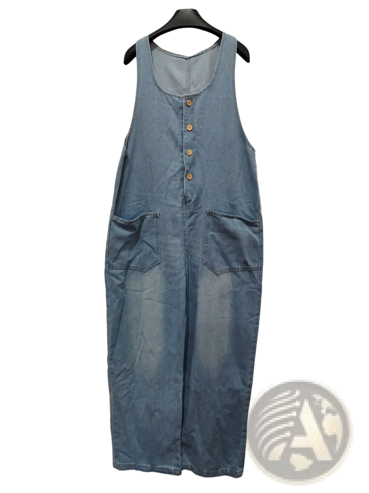 Light blue denim jumpsuit sleeveless overalls dress with front button closure and two side pockets
